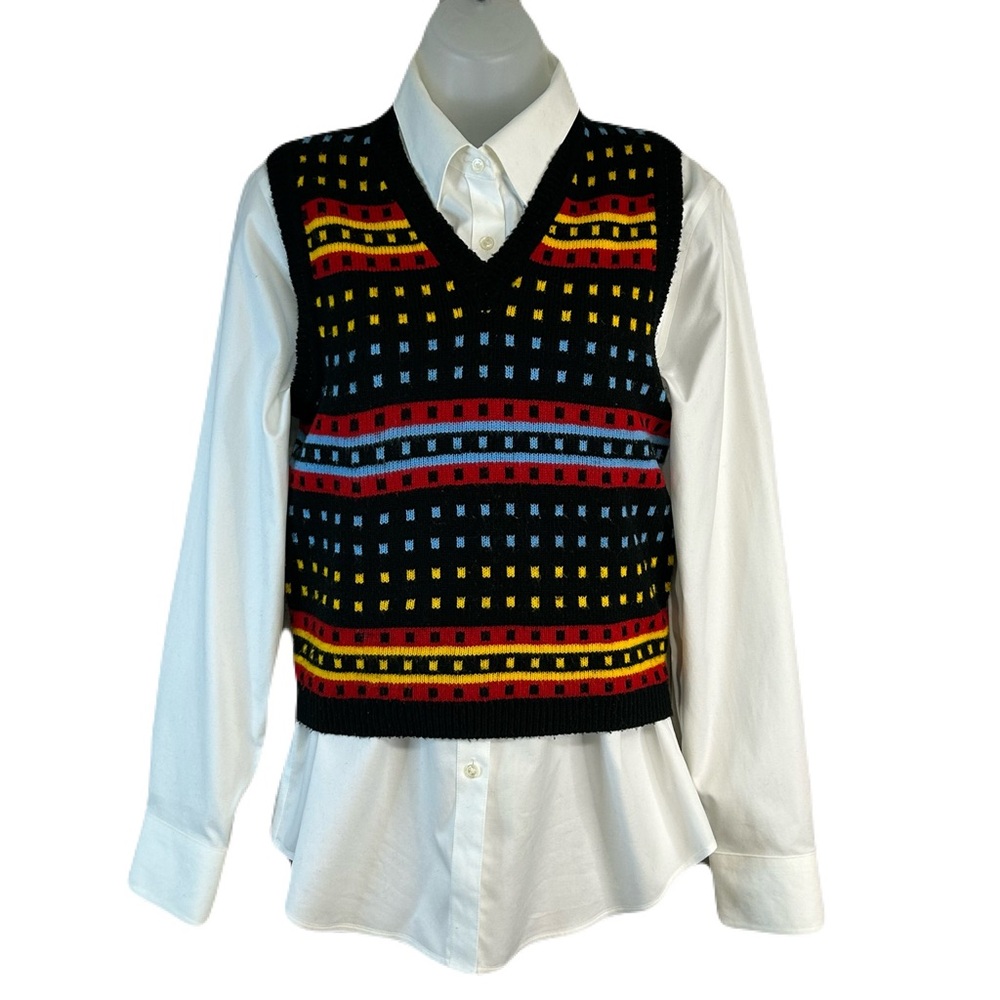 Vtg Womens Bold Fair Isle Knit Vest Sz M Pull On Retro 80s Academia Eclectic